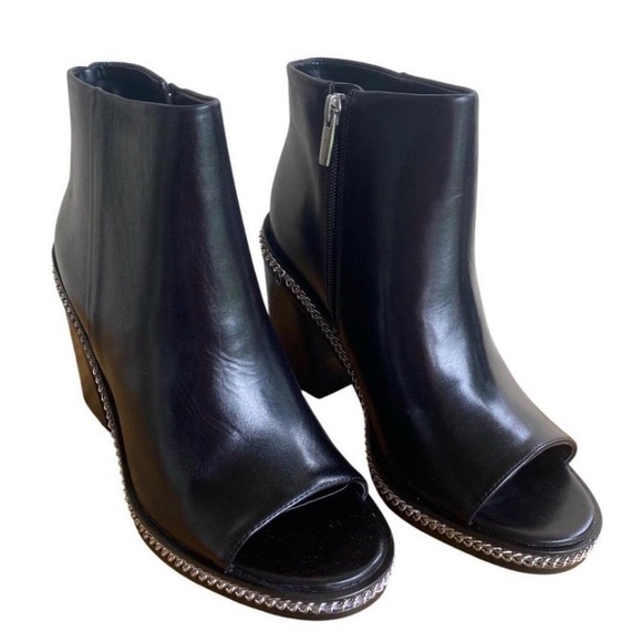 Vince Camuto Shoes - Vince Camuto Black Leather Peep-Toe Ankle Boots with Chain Trim